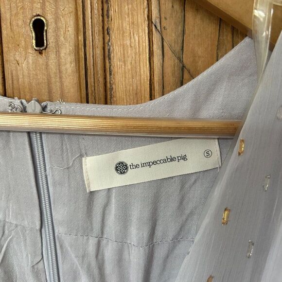 NWT The Impeccable Pig Small V-Neck Dress Metallic Silver Gold‎ Dash Long Sleeve - Picture 4 of 12